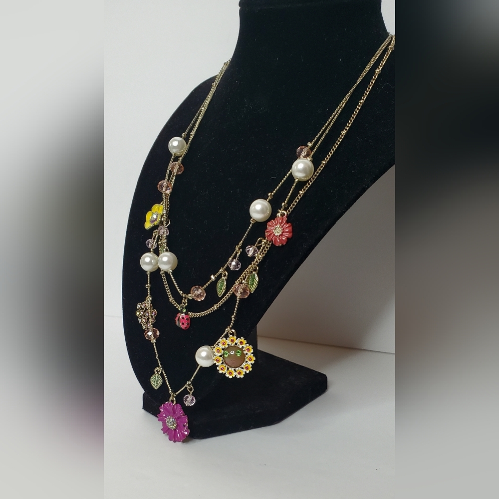 Betsey Johnson Floral Garden Triple Chain Layered Necklace Nwot